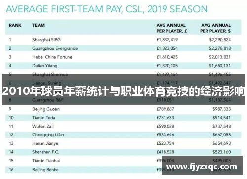 2010年球员年薪统计与职业体育竞技的经济影响